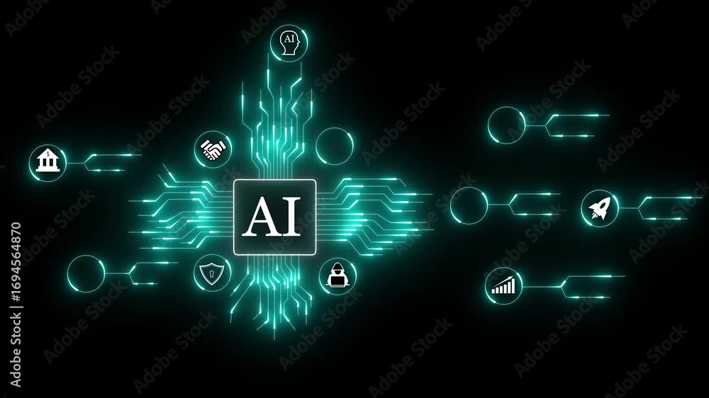 Poster futuristic a i technology circuit board with glowing neon lines and icons representing innovation in