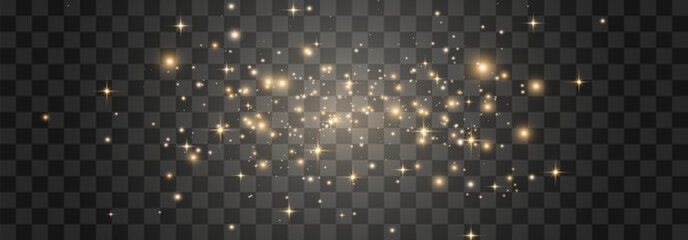 Magical light dust, dusty shine. Flying particles of light. Christmas light effect. Sparkling particles of fairy dust glow in transparent background. Vector illustration on png.