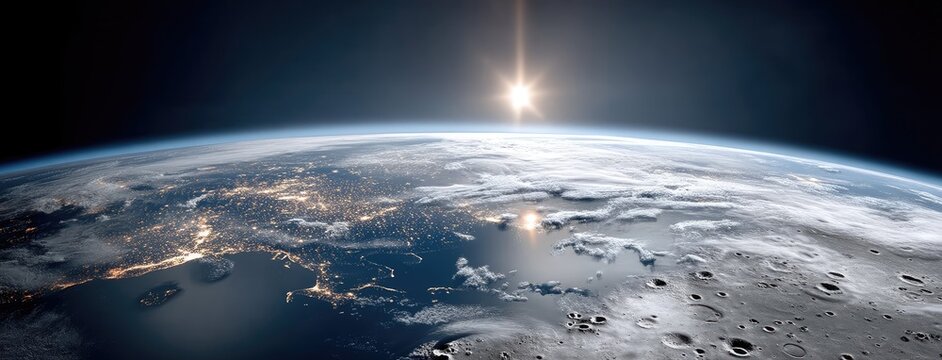 Vibrant sunrise over Earth and lunar surface captured from space highlighting natural beauty and celestial wonders