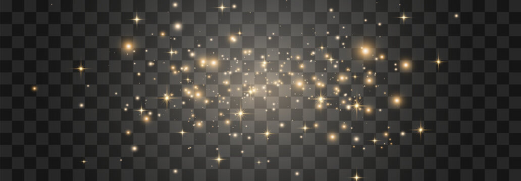 Magical light dust, dusty shine. Flying particles of light. Christmas light effect. Sparkling particles of fairy dust glow in transparent background. Vector illustration on png.