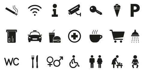 Public Facility And Service Solid Icon Set. Comprehensive Collection Of Symbols For Amenities, Navigation and Accessibility Silhouette Symbol Collection. Isolated Vector Illustration