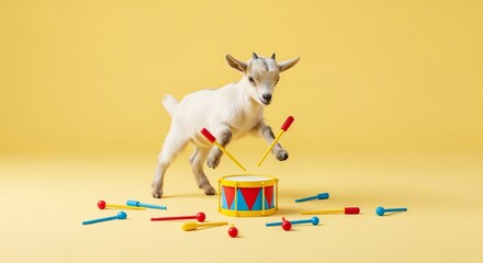 Goat kid drumming animal cute playful yellow background studio shot pet domestic farm young mammal livestock agriculture countryside nature wildlife adorable funny happy joy rhythm music