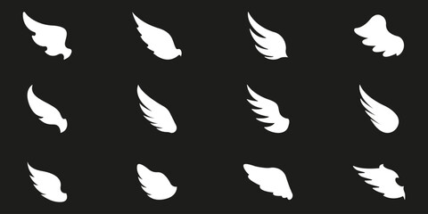 Obraz premium Winged Elements Solid Icon Set. Collection Of Wing Shapes. Freedom, Motion, Air Power, And Symbolic Ascension In Mythological. Silhouette Symbol Collection. Isolated Vector Illustration