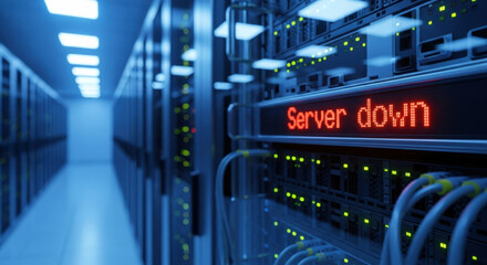 Red "SERVER DOWN" Error Message On Server Rack Alert Indicator In Data Center Hall, Cool Blue Ambient Light, Network Or IT Hardware Failure. Cybersecurity, Safer Internet Day, World Backup Day