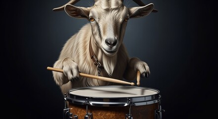 Goat drumming animal musician percussion rhythm music entertainment performance band instrument drums sticks furry mammal portrait studio shot dark background funny whimsical