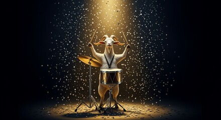 Goat drummer music performance rock band concert stage spotlight entertainment animal musician percussion rhythm beat drums cymbal sticks confetti celebration party event fun