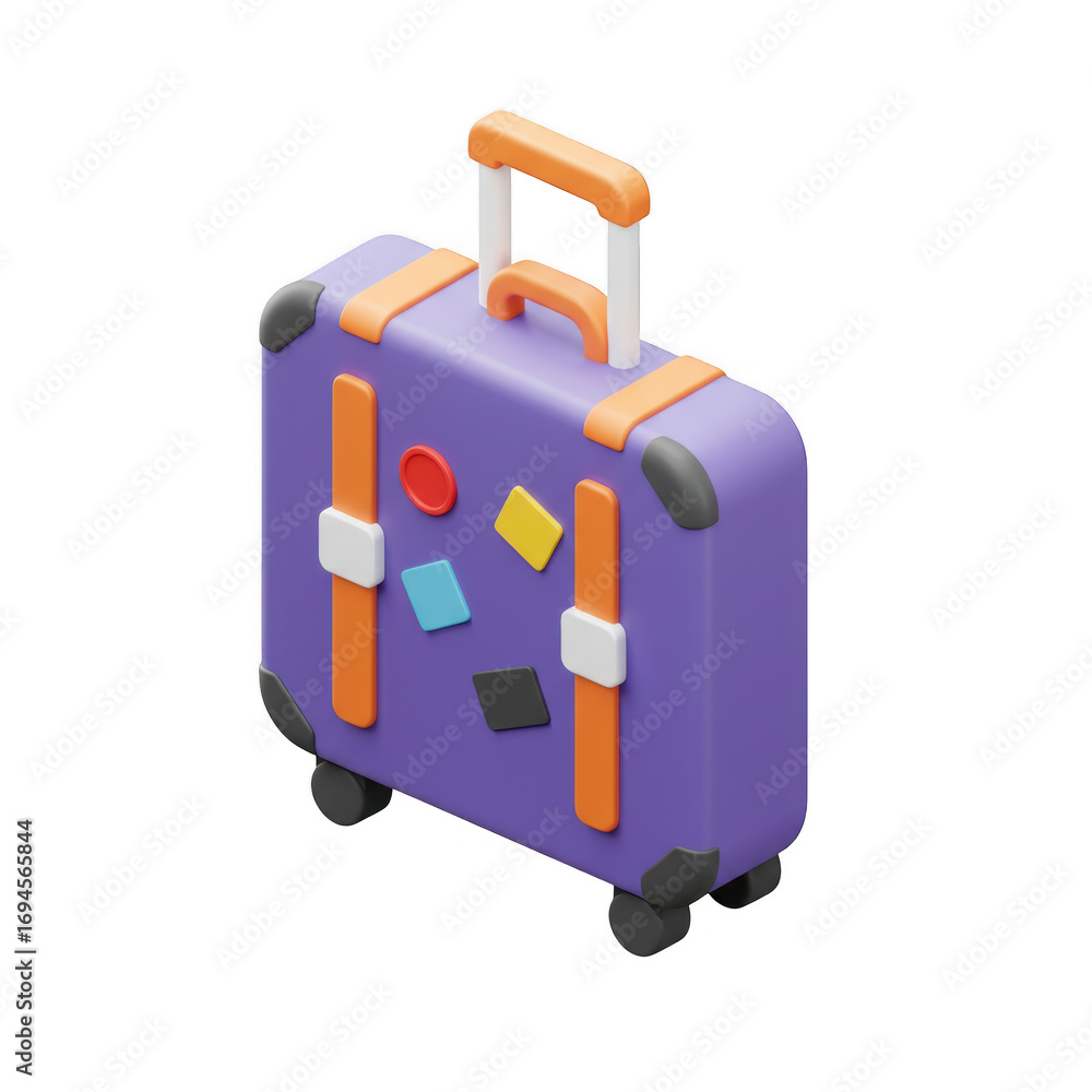 Poster purple suitcase with stickers 3d render isolated on transparent background