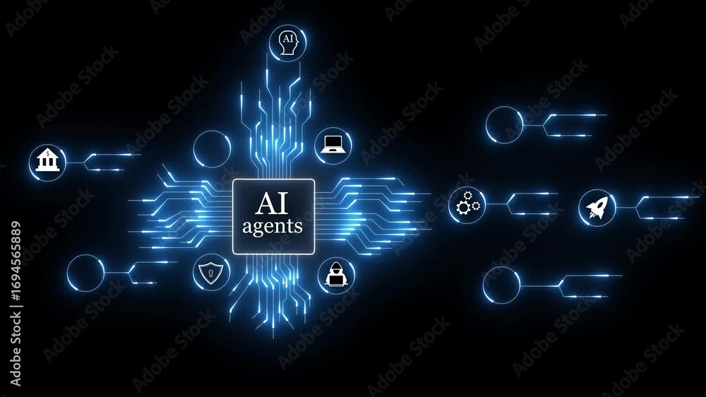 Poster futuristic ai agents network concept with glowing circuit board and human head icon representing. fu