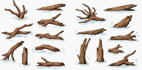 Collection of various driftwood pieces, illustrating different shapes, sizes, and states of decay, floating or submerged in water. © ArtLuna Studio