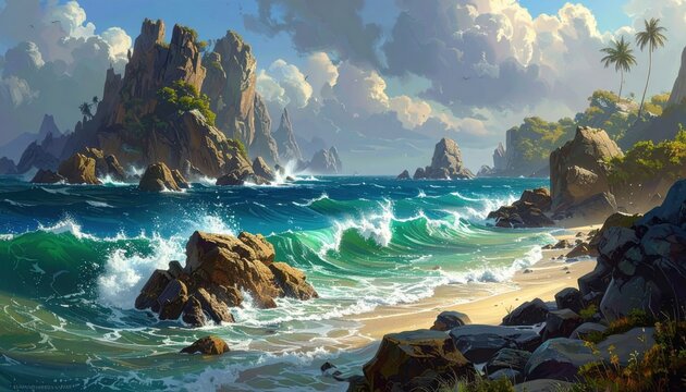 A vibrant coastal scene depicts rugged rocks and crashing waves against a sandy beach, set against a backdrop of dramatic islands.