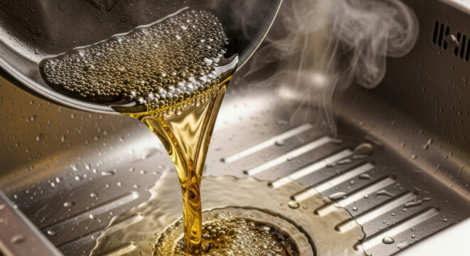 Steamy Boiling Used Cooking Oil Poured Into Kitchen Sink Drain From Hot Frying Pan, Improper Domestic Waste Disposal.  Stainless Steel. World Water Day, Global Recycling Day, World Plumbing Day