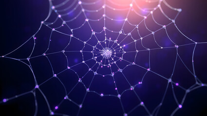 Abstract digital spiderweb with glowing nodes and blue background creating a network effect