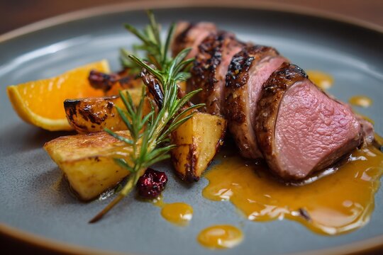 Duck lorange plated elegantly orange glaze and roasted potatoes