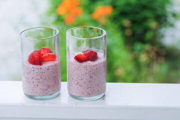 strawberry chia pudding in a glass