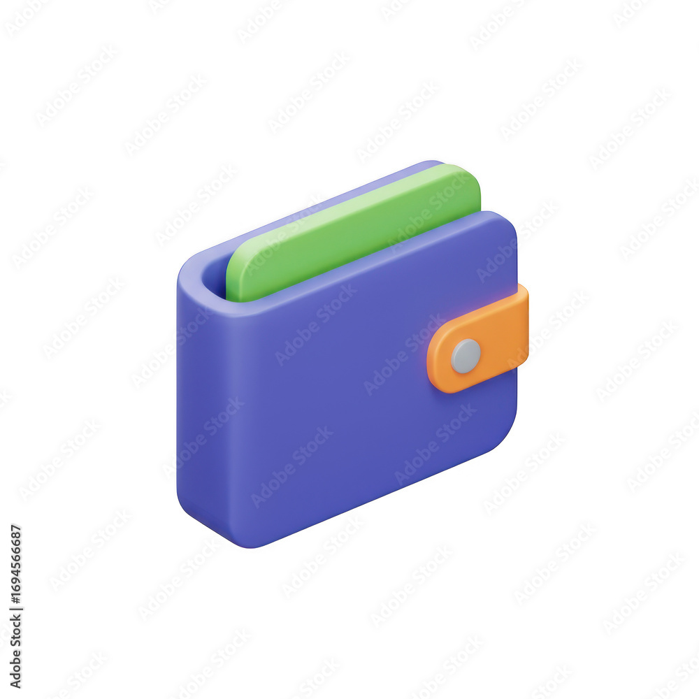 Poster 3d render of a purple wallet with green card isolated on transparent background
