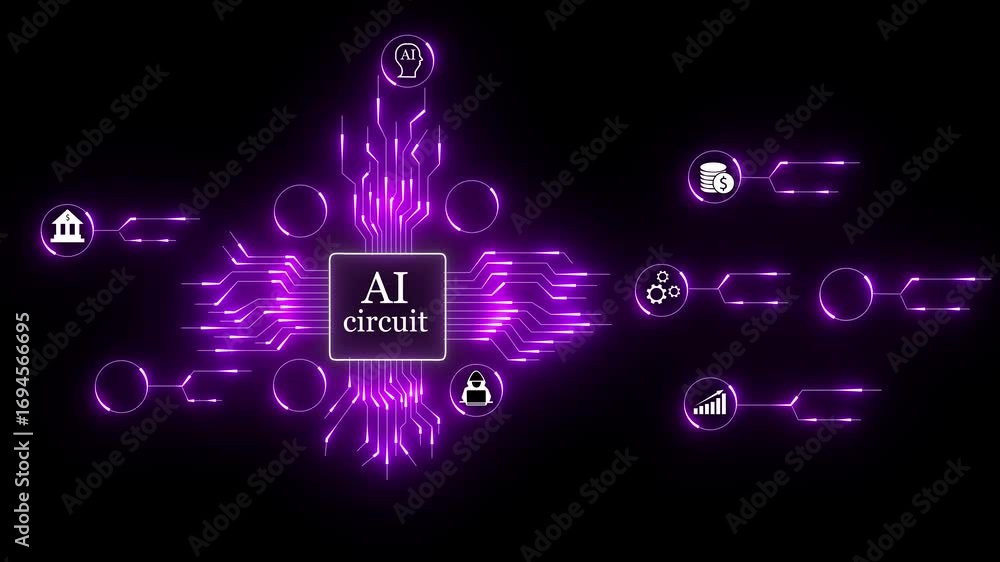 Poster futuristic ai circuit board glowing purple with digital brain icon and abstract data connections. sm