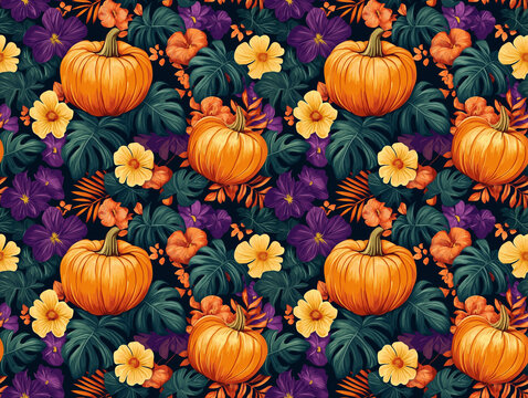 a unique and vibrant pattern that blends autumnal pumpkins with lush, tropical flowers
