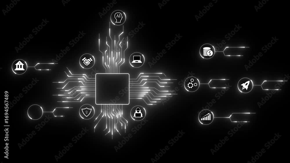 Poster ai brain with chip and circuit board technology. digital data processing and network connections. fu
