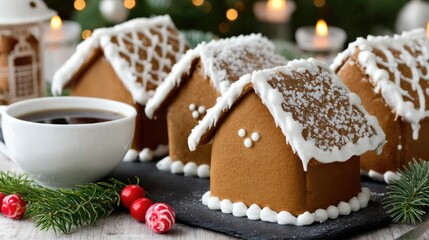 Festive gingerbread houses arranged on a table beside a steaming cup of hot beverage decorated with holiday garnishes