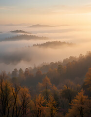 Obraz premium Serene mountain forest landscape during an autumn sunrise with fog. This scenic view of nature and warm light creates peaceful atmosphere