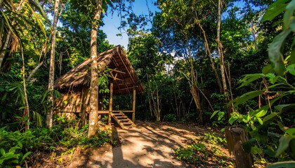 Fototapeta premium Lush jungle hut nestled in dense foliage