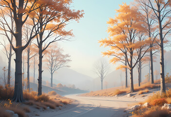 Serene autumn landscape with winding road through forest of golden trees. calm and peaceful fall scene with morning fog and soft light