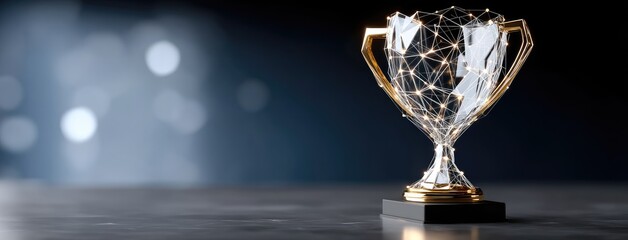 Shiny trophy with geometric design placed on a dark surface, showcasing excellence and achievement at an awards ceremony