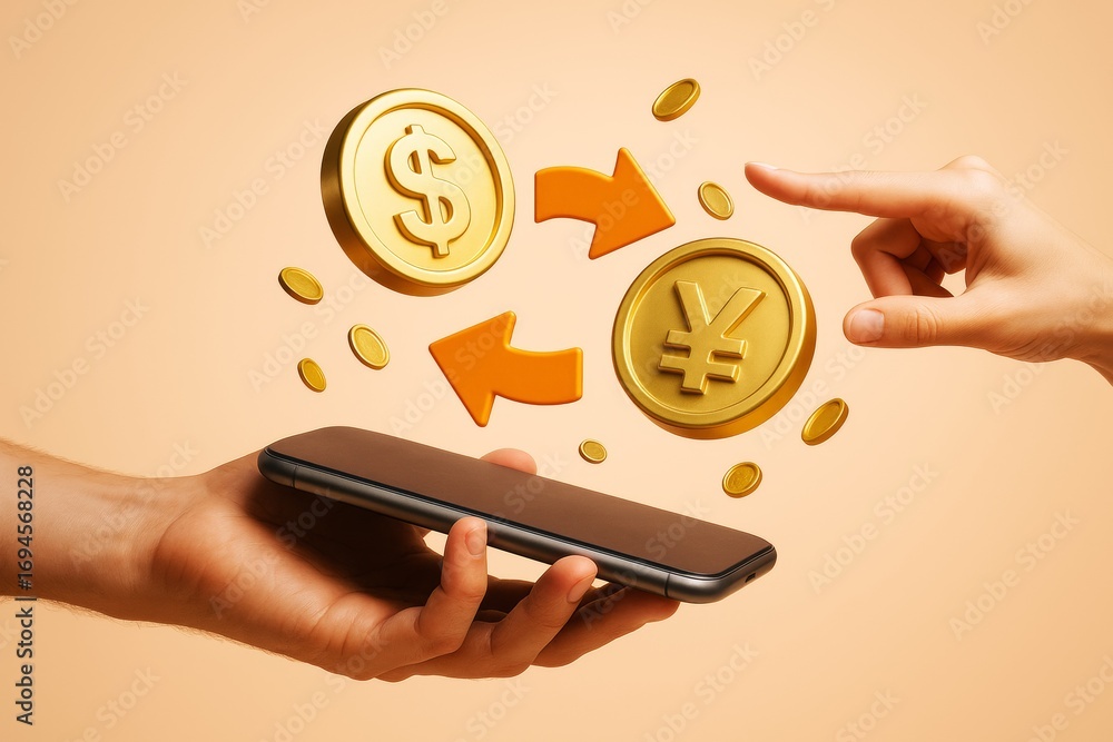 Poster digital currency exchange concept showing dollar and yen symbols with arrows between hands holding s