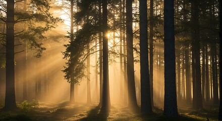 Obraz premium Mysterious Forest Glow: Sunbeams Piercing Through Dark Woods Canopy