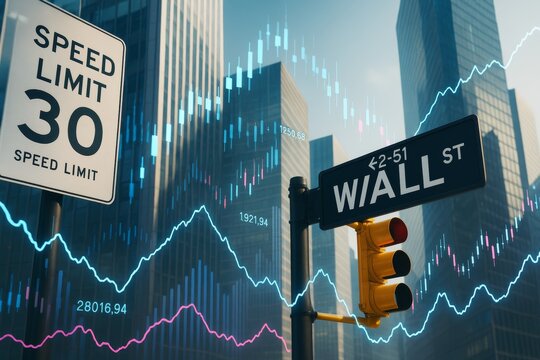 Wall Street traffic sign with stock market chart overlay and skyscrapers in bright background, symbolizing financial business concept lighted clearly.