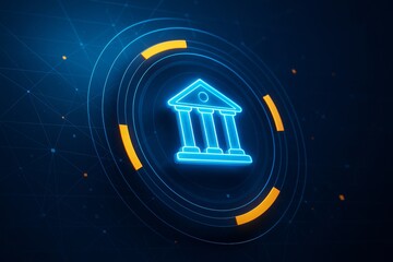 Glowing blue digital bank icon with circular HUD elements on dark background representing futuristic financial technology concept.
