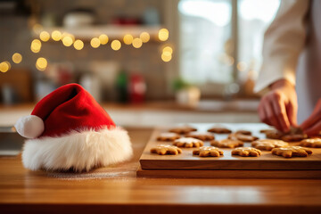 Holiday morning kitchen scene with Santa hat and cookie decorating, cozy bokeh lights, natural light storytelling