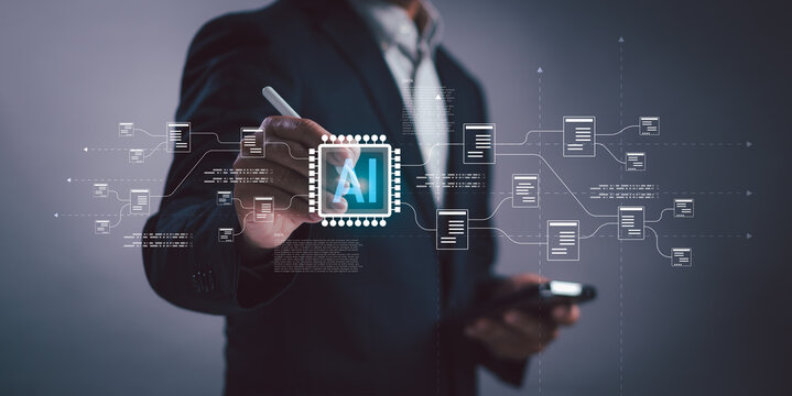 Businessman using artificial intelligence to manage digital data flow and smart system automation. AI chip interface for innovative technology, machine learning and information processing - Powered by Adobe
