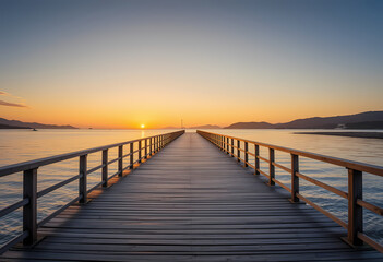 Obraz premium Serene wooden pier path over calm water at sunset. This peaceful seascape landscape has long walkway leading to distant orange horizon