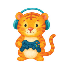 Obraz premium Cute watercolor tiger gamer with blue headset and dark controller