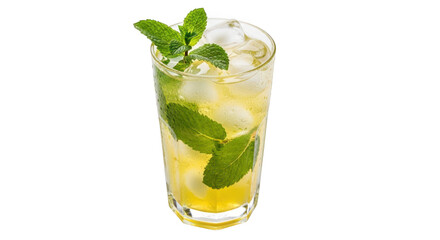 Refreshing tall glass of lemonade with mint and ice cubes isolated on transparent background