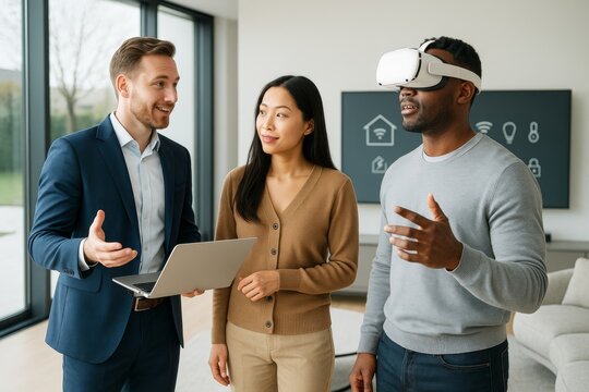 Business team exploring virtual reality technology during creative meeting in modern office with bright interior and digital background icons. Ai generative