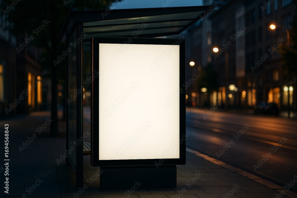 Poster blank illuminated billboard mockup at a city bus stop at night with clean display space for advertis