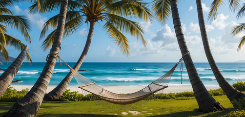 Fototapeta premium Relax in hammock on tropical beach paradise between palm tree. serene ocean on sunny island making perfect vacation getaway