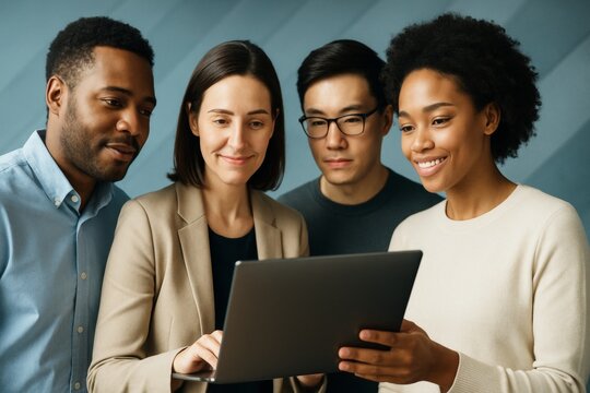 Group of diverse young professionals collaborating on laptop in office environment with minimal blue background, showing teamwork concept. Ai generative