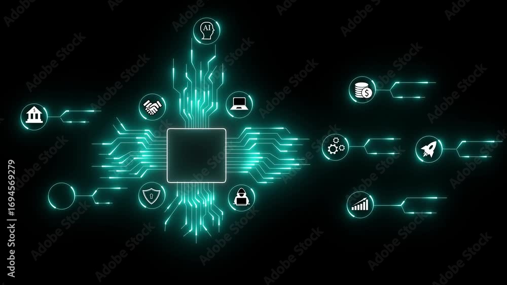 Poster futuristic ai chip circuit board glowing neon lines data processing artificial intelligence. digital