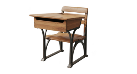 Vintage wooden school desk and chair combination with metal frame isolated on transparent background