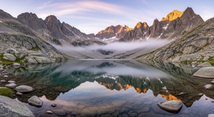 Mountain lake mirroring jagged peaks under pastel sky with low-lying fog