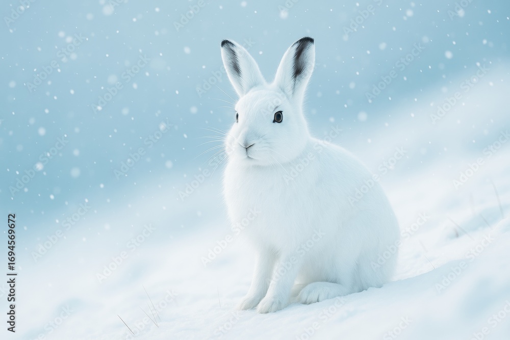 Poster white winter rabbit sits in snowfall on snowy field with soft light blue background and snowflakes f