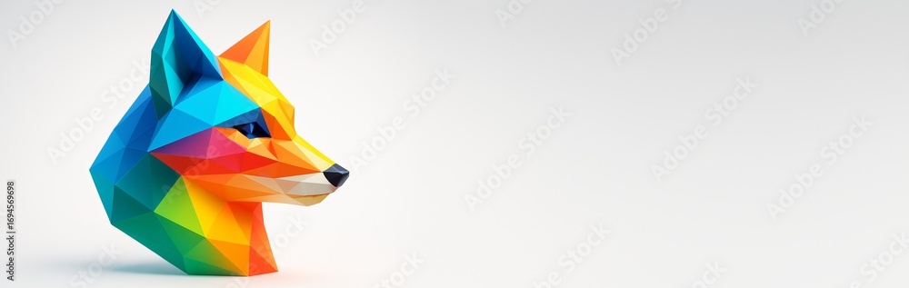 Poster geometric multicolored fox head with polygonal design on clean white background with copyspace for b