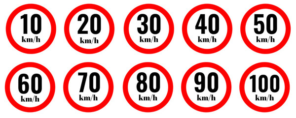 A collection of traffic speed limit signs from 10 -100 km/h. Speed ​​limit icons in traffic signs. © Linda