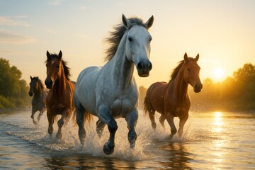 Obraz premium Group of wild horses galloping in shallow river at sunrise with golden light and trees in background, evoking freedom and natural beauty. Ai generative