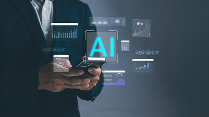 Businessman using AI technology and data analytics on mobile device for digital transformation, artificial intelligence automation, business intelligence and innovation in fintech.