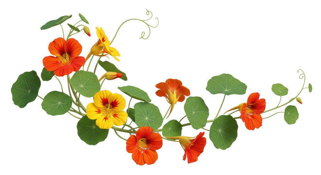 Vibrant nasturtium flowers and leaves arranged in a curved garland isolated on transparent background