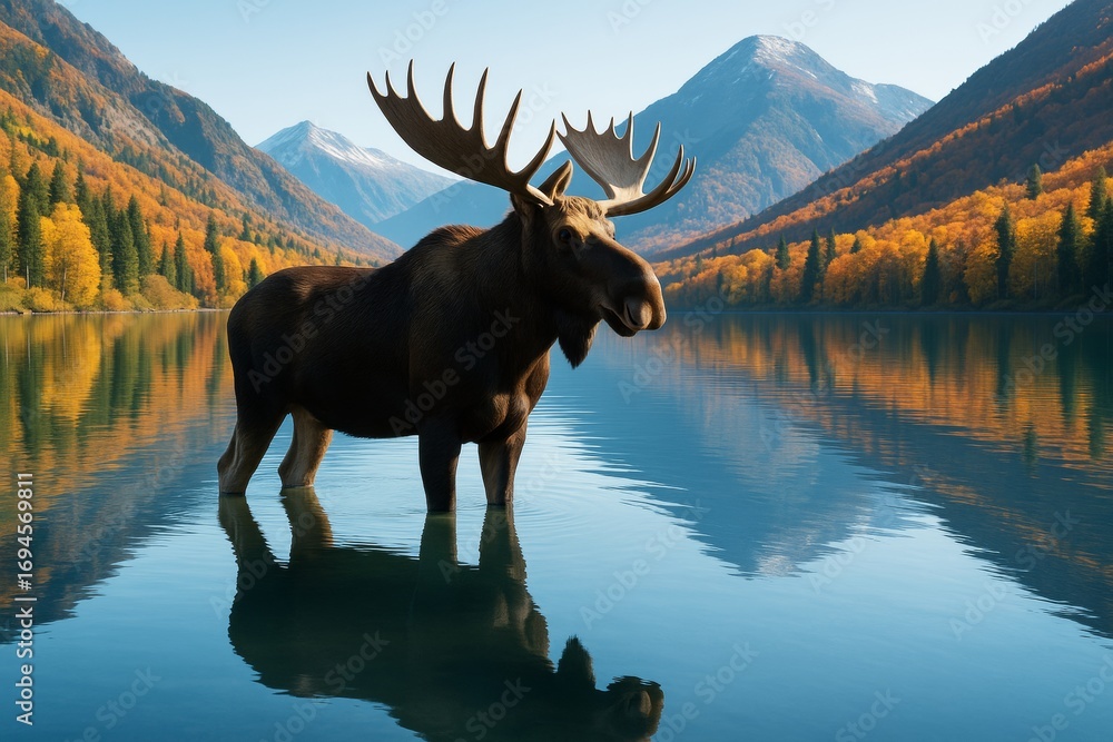 Poster Majestic moose standing in clear lake with autumn forest and mountain background under soft daylight in tranquil wilderness scene. Ai generative